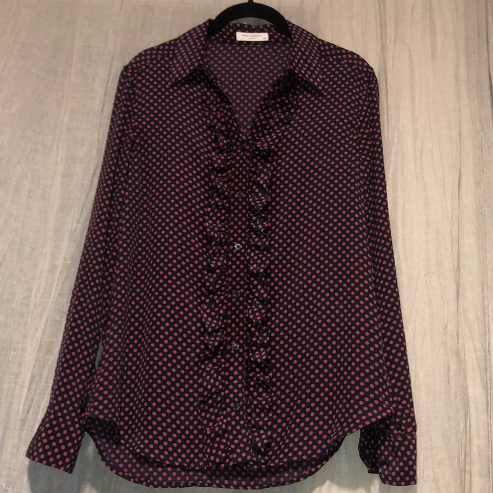 Equipment silk button down, ruffle front shirt Navy/Red XS, AN